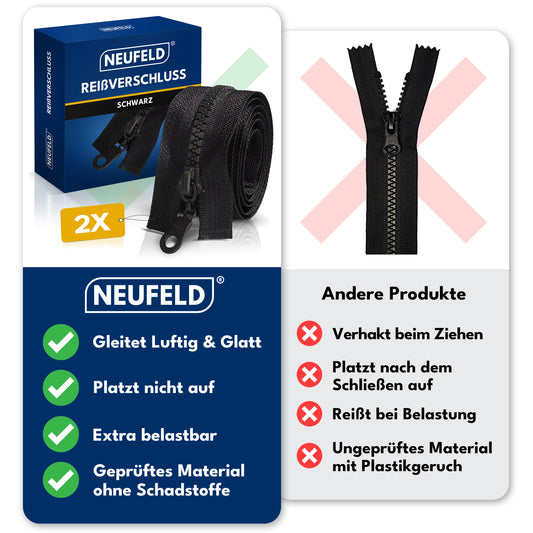 Reißverschluss Schwarz I 2er Vorteilspack für Jacken, Taschen & Bettwäsche