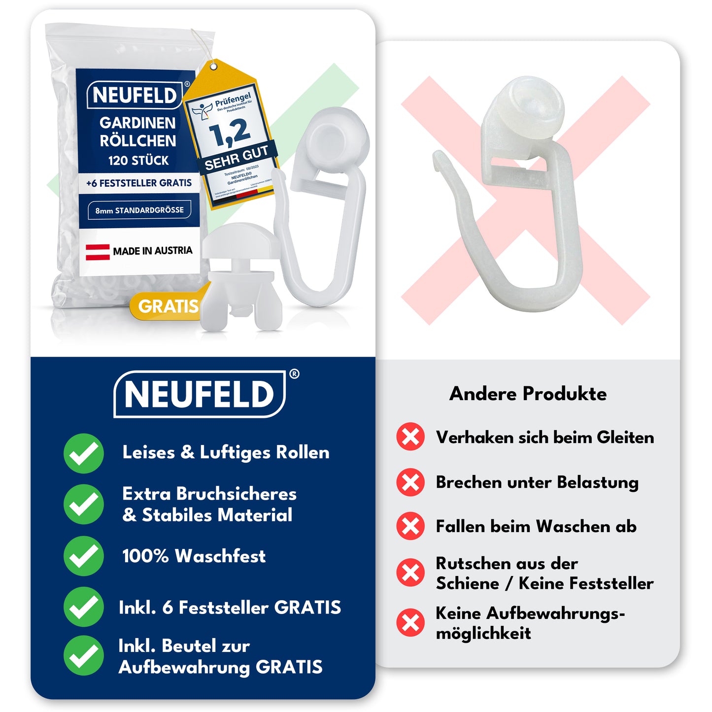 Gardinenröllchen für Innenlauf Schienen [120 Stück] - (inkl. 6 Feststeller)
