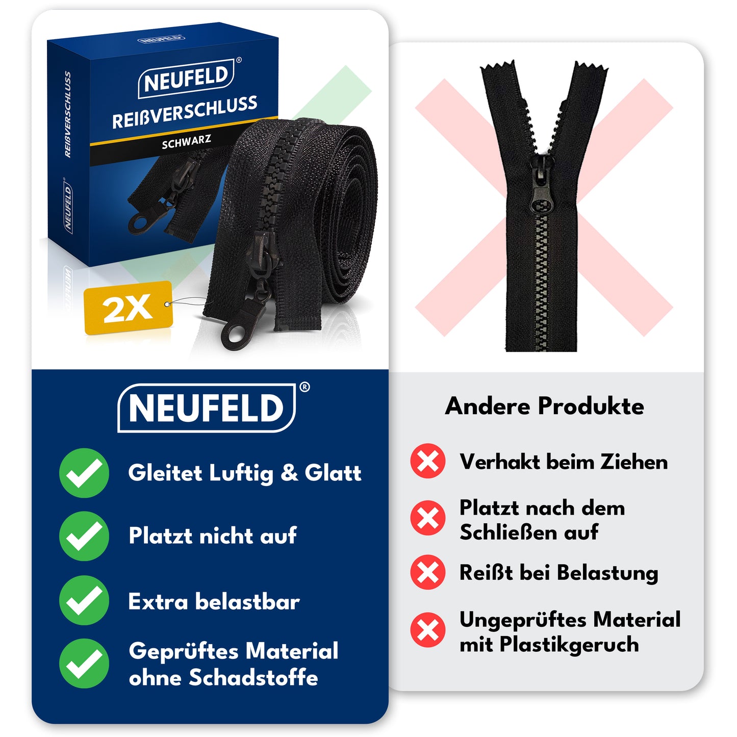 Reißverschluss Schwarz I 2er Vorteilspack für Jacken, Taschen & Bettwäsche