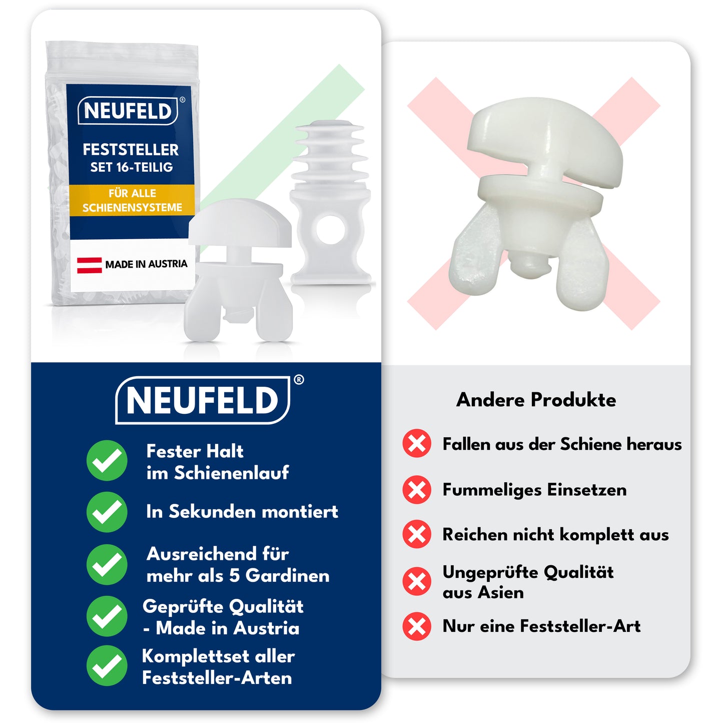 Gardinenstopper Set [16 teilig] - 10 Zwischenfeststeller +6 Endfeststeller