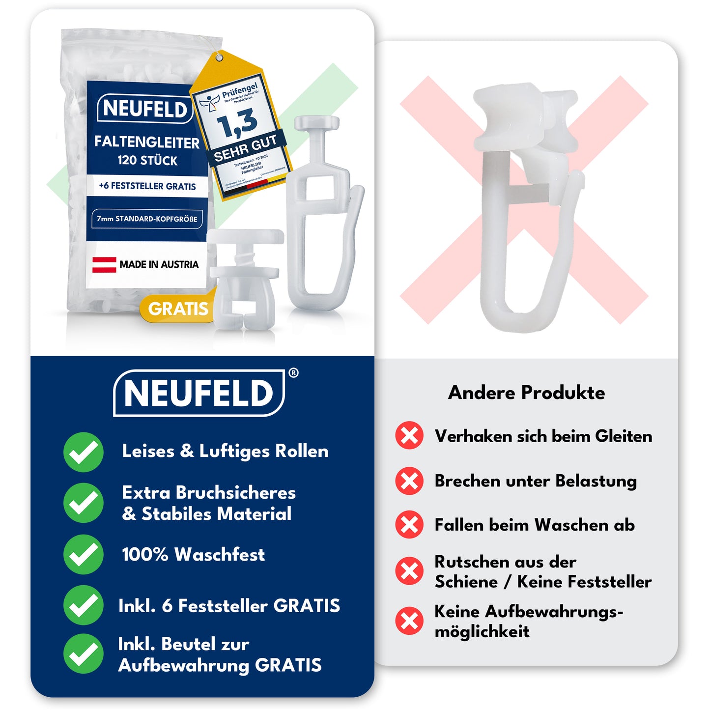 Gardinengleiter für Innenlaufschienen [120 Stück] - (inkl. 6 Feststeller)