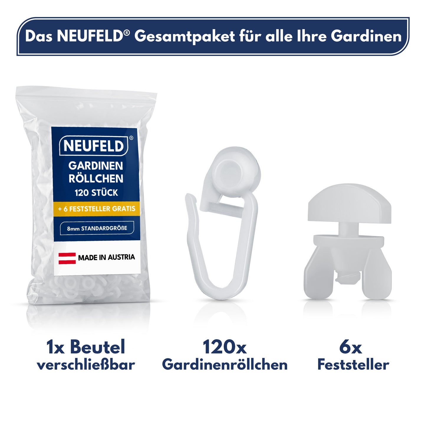 Gardinenröllchen für Innenlauf Schienen [120 Stück] - (inkl. 6 Feststeller)