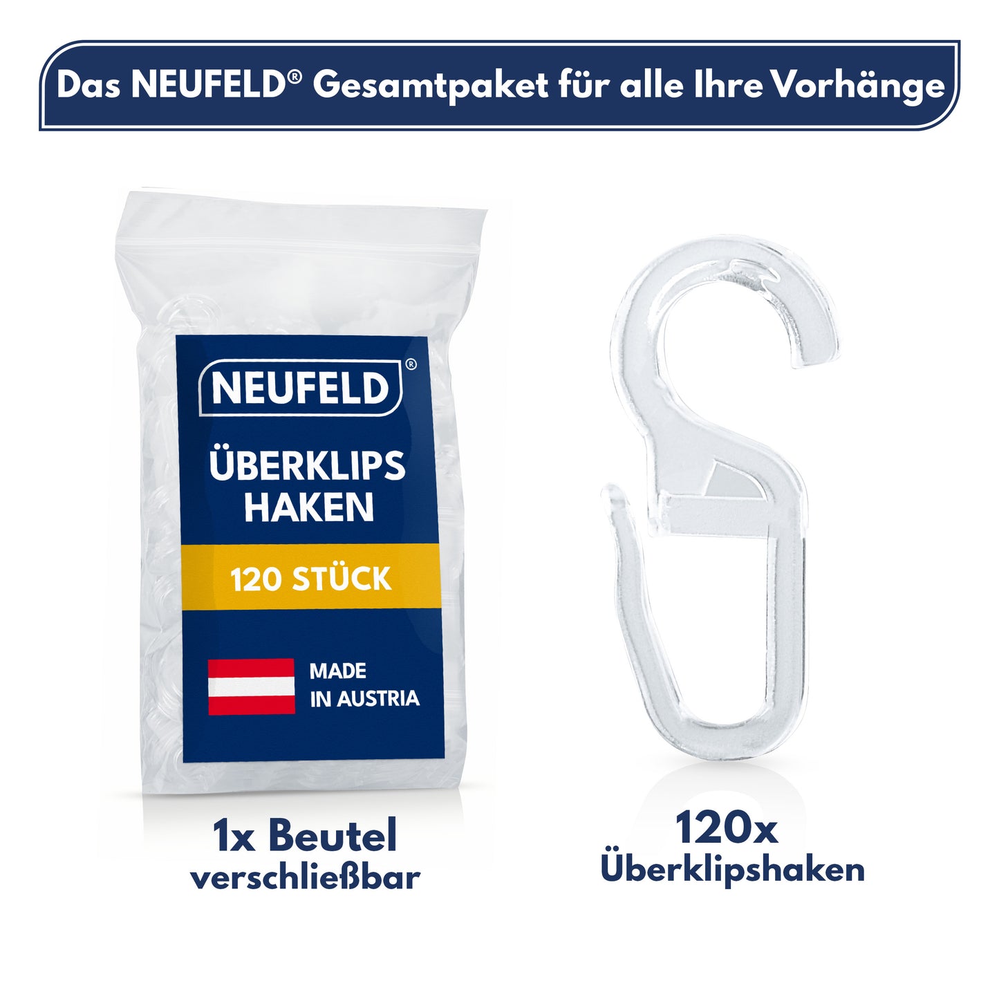 Überklipshaken mit 10mm Öse [120 Stück] – Gardinenhaken zum Aufklipsen