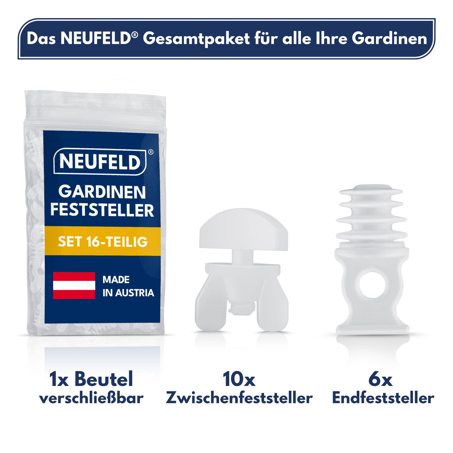 Gardinenstopper Set [16 teilig] - 10 Zwischenfeststeller +6 Endfeststeller