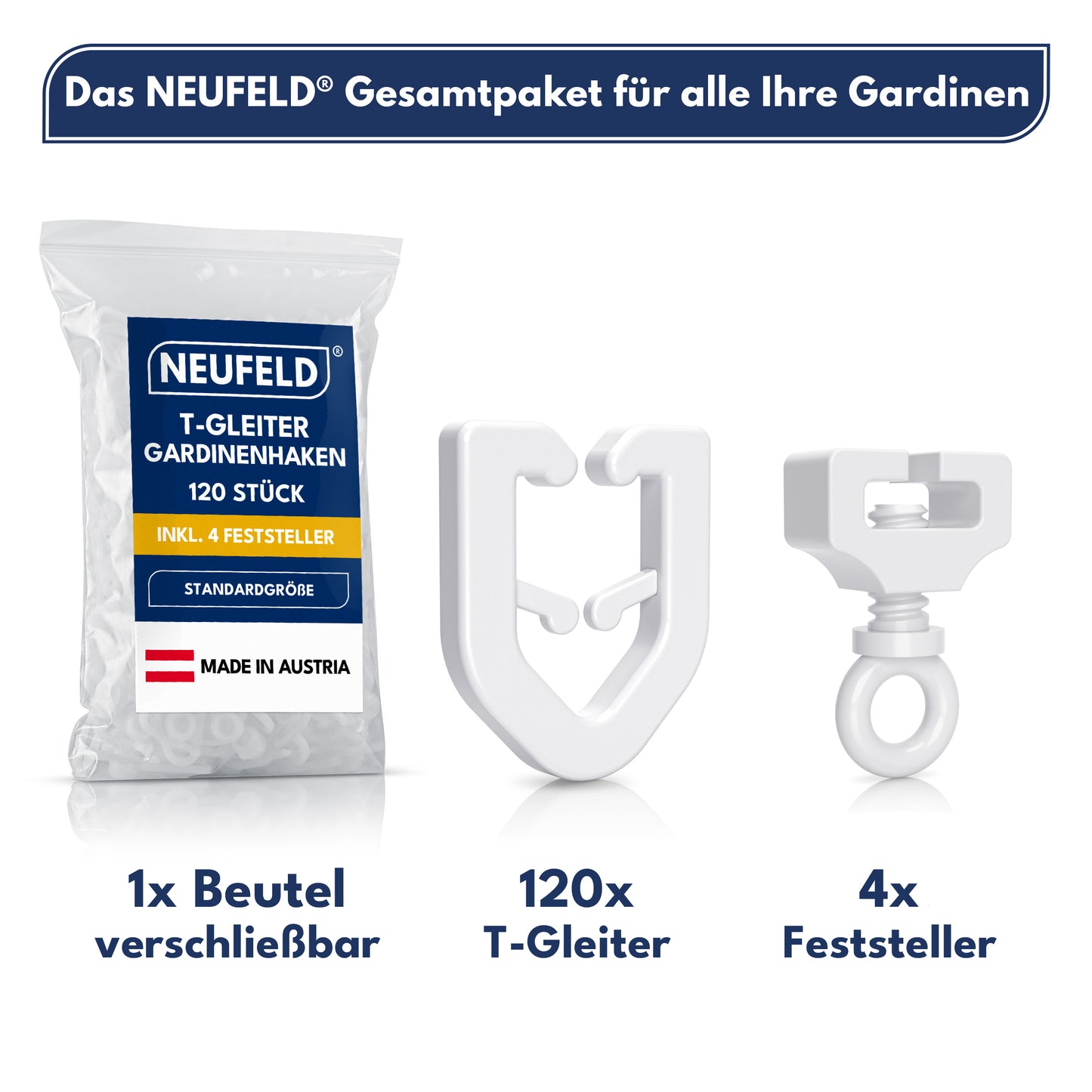 T-Gleiter - Gardinenhaken für T-Schiene - Wohnwagen Gardinen in Standardgröße [120 Stück] - (inkl. 4 Feststeller)